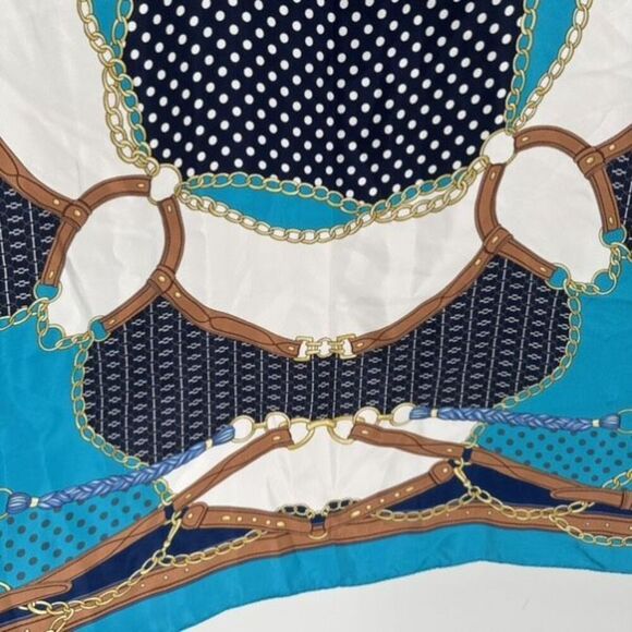 Vintage Ninto 100% Silk Square Hand Rolled Scarf Equestrian Blue‎ Turquoise - Picture 9 of 12